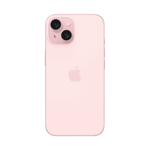 iPhone 15 Pink back view with dual camera system and Apple logo